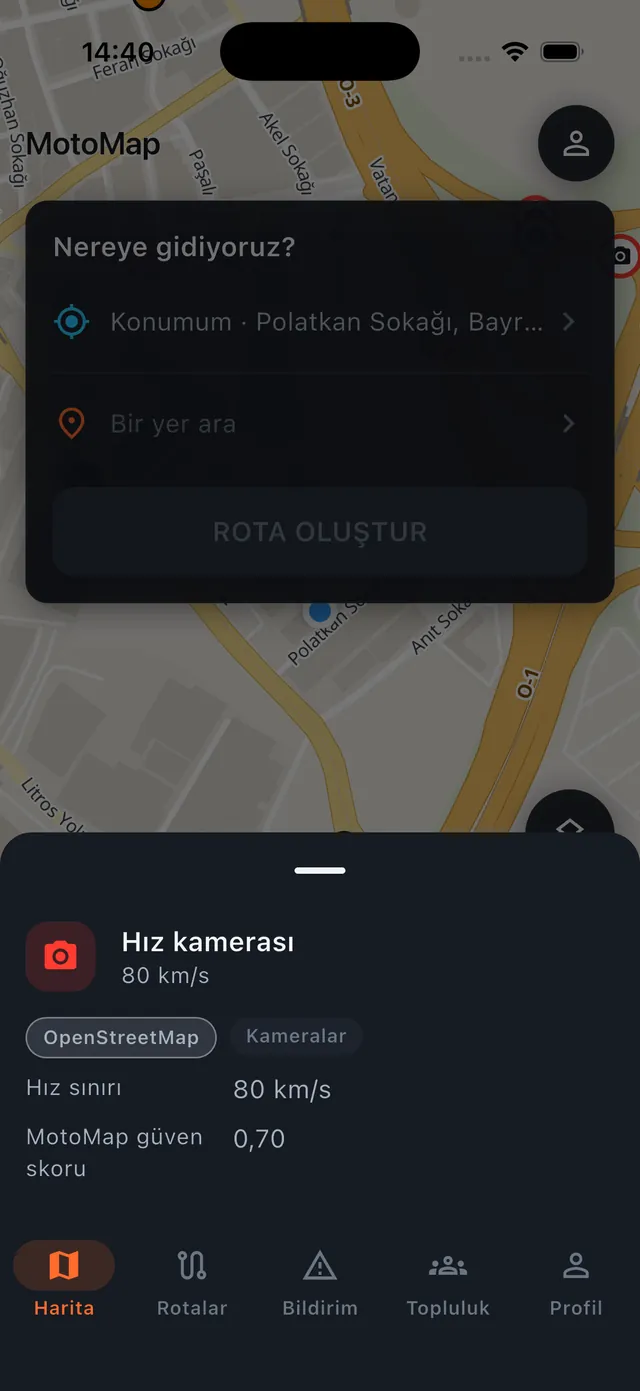 Hız kamerası detay kartı: hız sınırı 80 km/sa, kaynak OpenStreetMap